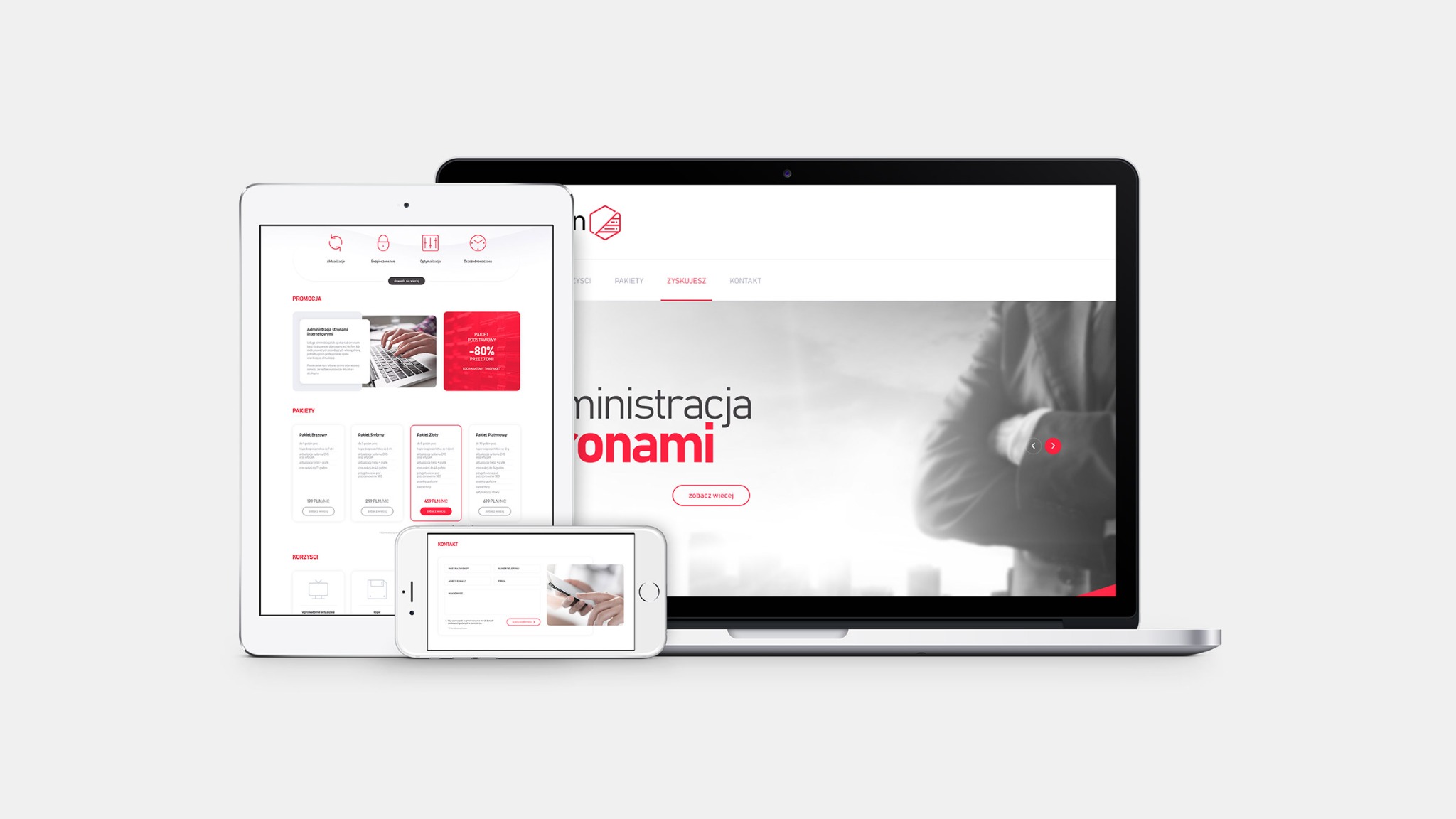 Responsywna strona internetowa wyświetlana na laptopie, tablecie i smartfonie, prezentująca pakiety usług z promocją -80%.