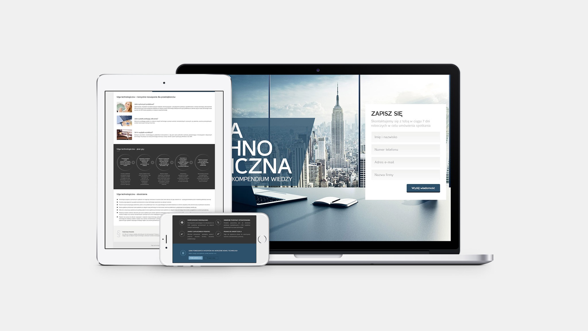 Responsywna strona internetowa wyświetlana na laptopie, tablecie i smartfonie, prezentująca nowoczesny design i formularz zapisu, z widokiem na panoramę miasta z drapaczem chmur w tle.