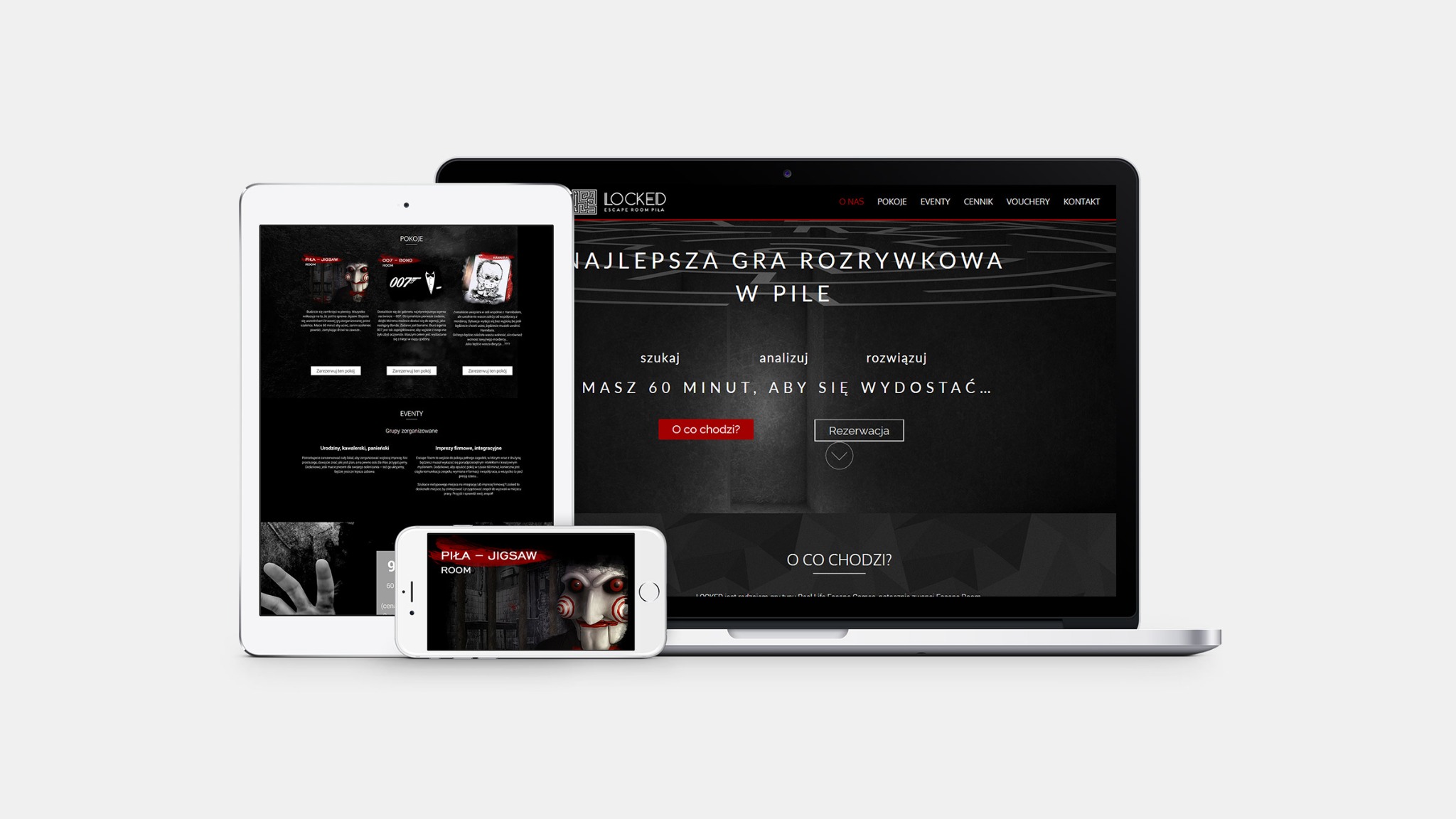 Responsywna strona internetowa escape roomu na laptopie, tablecie i smartfonie, prezentująca ofertę i możliwość rezerwacji.