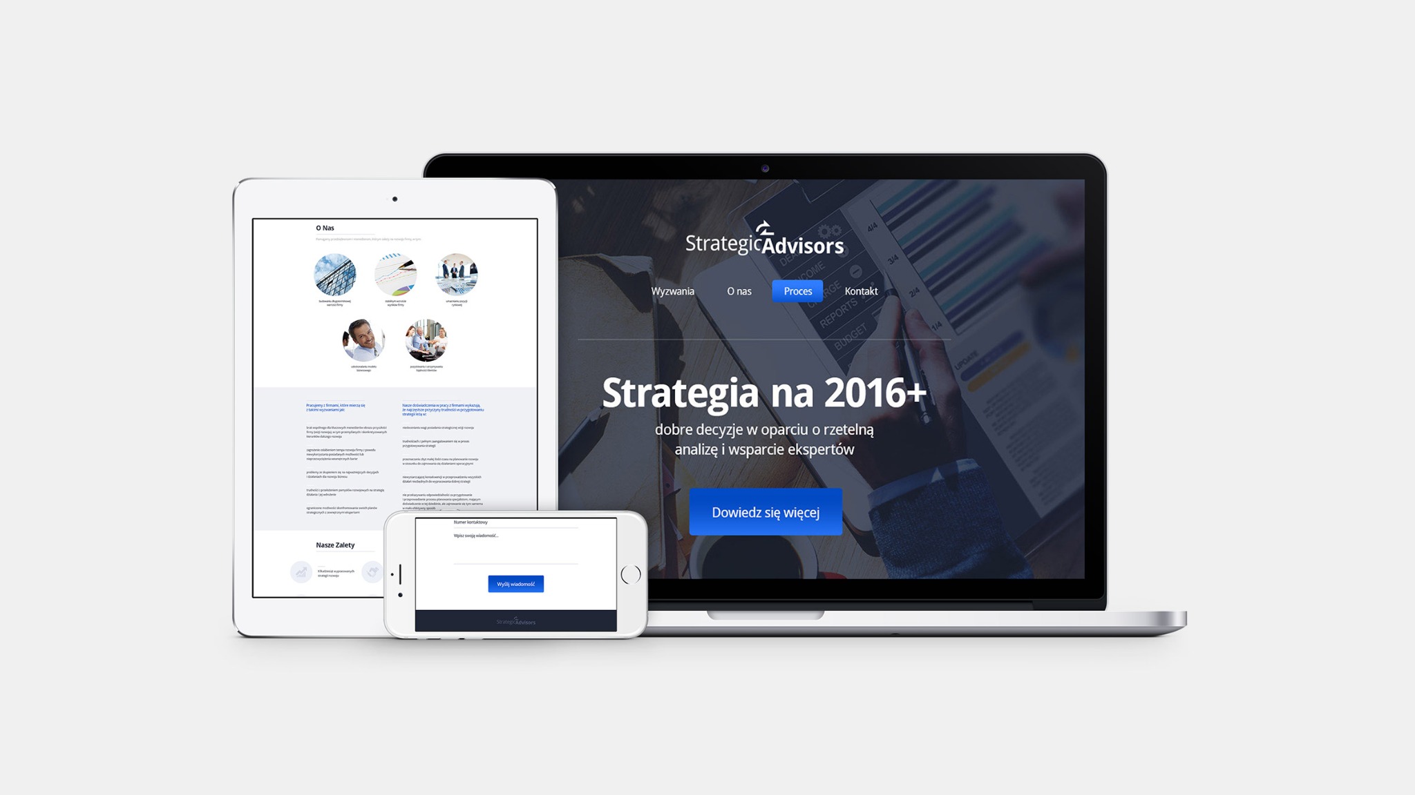 Responsywna strona internetowa firmy Strategic Advisors wyświetlona na laptopie, tablecie i smartfonie, prezentująca zakładki Wyzwania, O nas, Proces i Kontakt.
