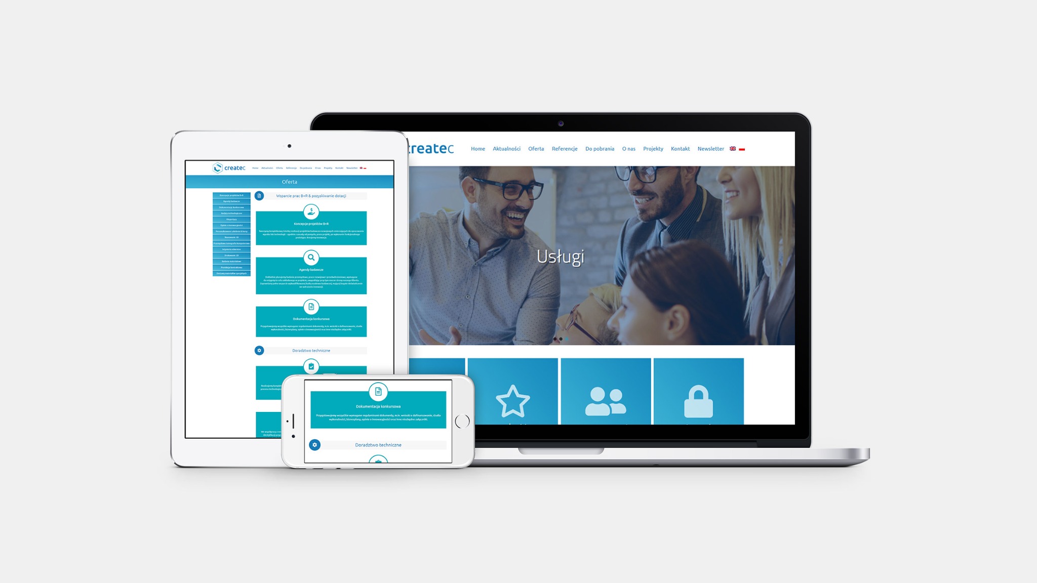 Responsywna strona internetowa firmy Createc wyświetlana na laptopie, tablecie i smartfonie, prezentująca ofertę usług.
