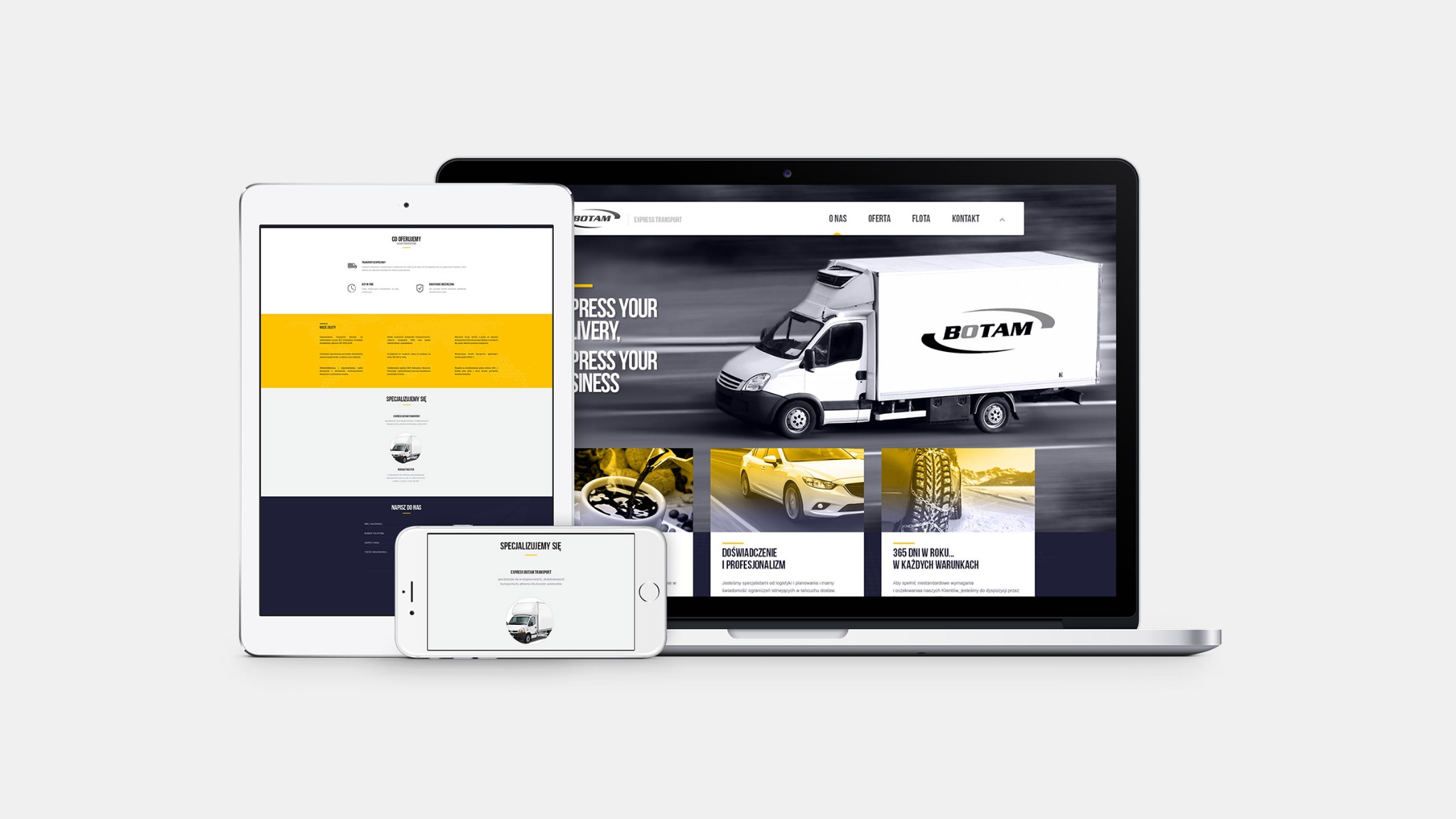 Prezentacja responsywnej strony internetowej firmy transportowej na laptopie, tablecie i smartfonie, z widocznym motywem przewodnim w kolorach biało-żółto-czarnych i zdjęciem firmowego samochodu...
