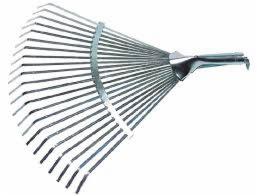 Metalowe grabie wachlarzowe z regulacją szerokości, widok z góry na białym tle.