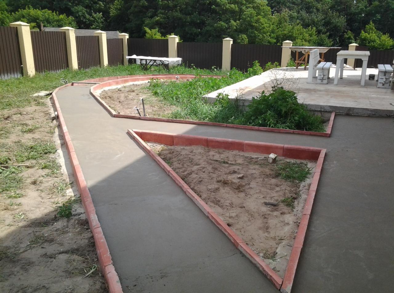 Świeżo wylana betonowa ścieżka ogrodowa z obrzeżami z czerwonej kostki, otaczająca klomby z ziemią i zielenią, widok z góry na tle zieleni i ogrodzenia.