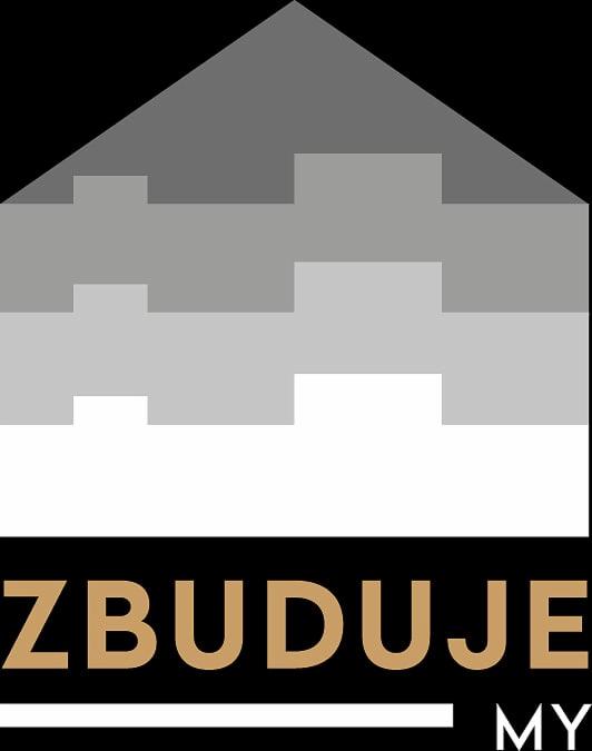 Graficzne logo firmy budowlanej: stylizowany dom w odcieniach szarości z napisem 'ZBUDUJEMY' na czarnym tle.