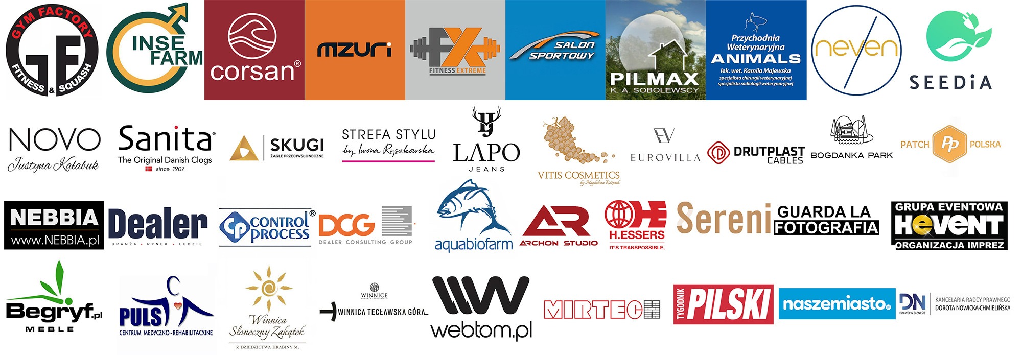Kolekcja różnorodnych logo firm i marek, prezentowanych obok siebie, w tym logo z branży fitness, kosmetycznej, weterynaryjnej, budowlanej i eventowej.