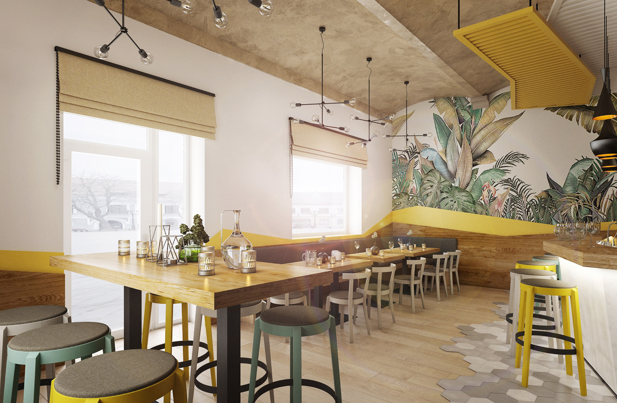 Jasne wnętrze kawiarni z drewnianymi stołami, barwnymi stołkami barowymi, tropikalną tapetą i nowoczesnym oświetleniem.