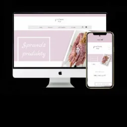 Prezentacja responsywnej strony internetowej sklepu odzieżowego na monitorze komputera i smartfonie, z delikatną kolorystyką i minimalistycznym designem.