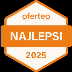 Pomarańczowa odznaka Oferteo 'NAJLEPSI 2025' na czarnym tle.
