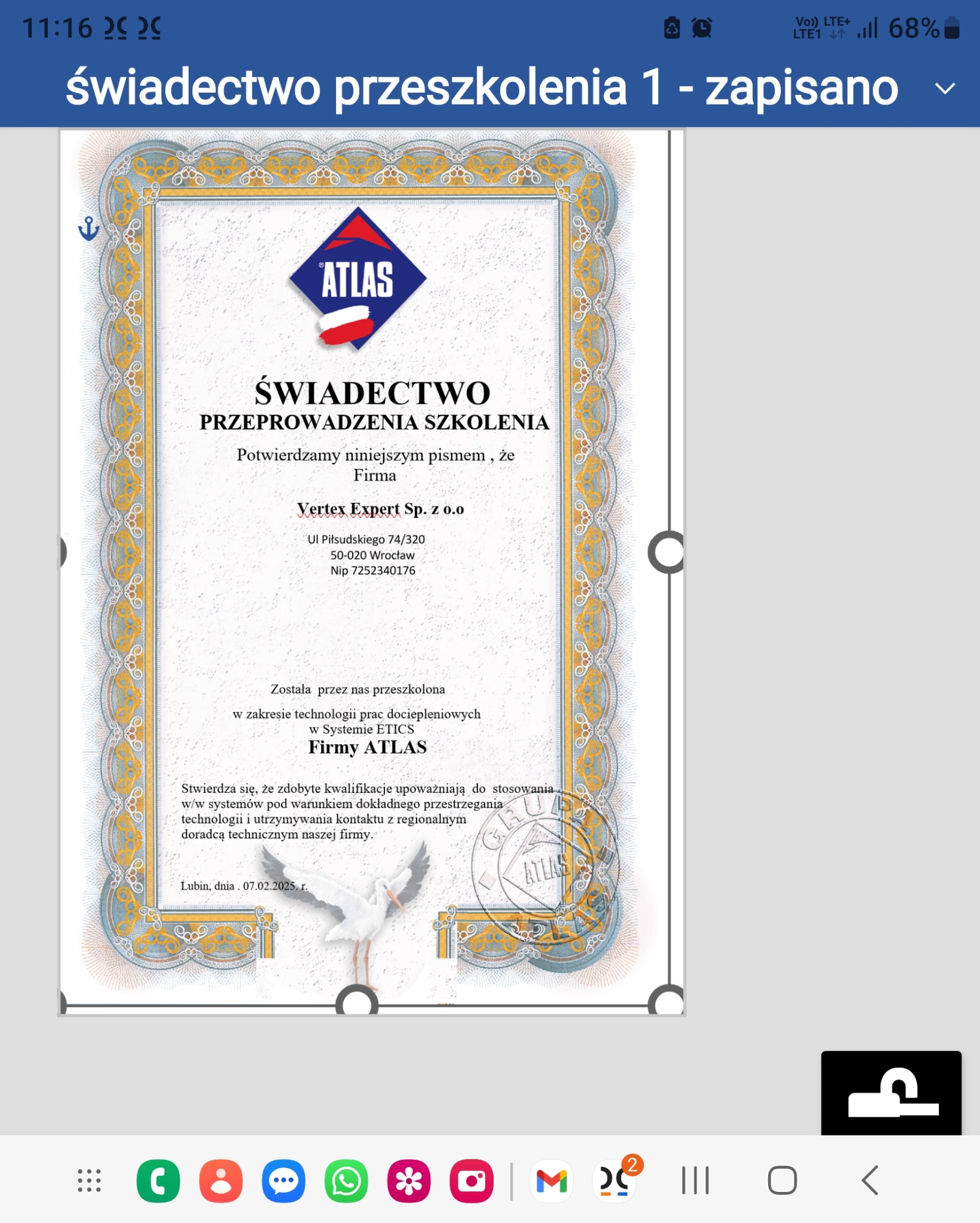 Skan certyfikatu szkoleniowego firmy Atlas dla Vertex Expert Sp. z o.o. w zakresie technologii dociepleń w systemie ETICS. Dokument z datą 07.02.2025 r.