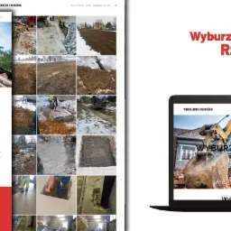 Ekran laptopa i smartfona wyświetlające stronę internetową firmy Wyburzenia i Rozbiórki z Rzeszowa, prezentującą usługi wyburzeniowe i rozbiórkowe z użyciem koparki i gruzu.