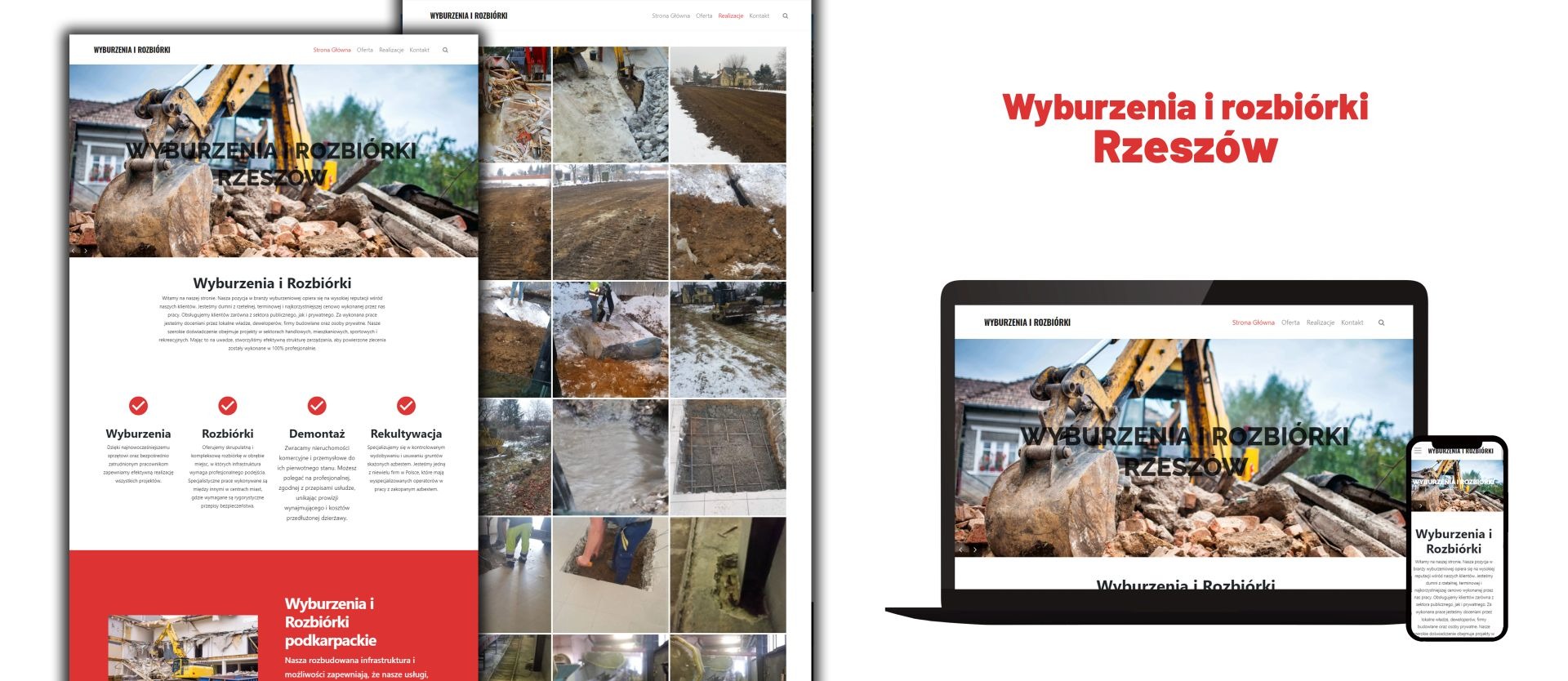 Ekran laptopa i smartfona wyświetlające stronę internetową firmy Wyburzenia i Rozbiórki z Rzeszowa, prezentującą usługi wyburzeniowe i rozbiórkowe z użyciem koparki i gruzu.