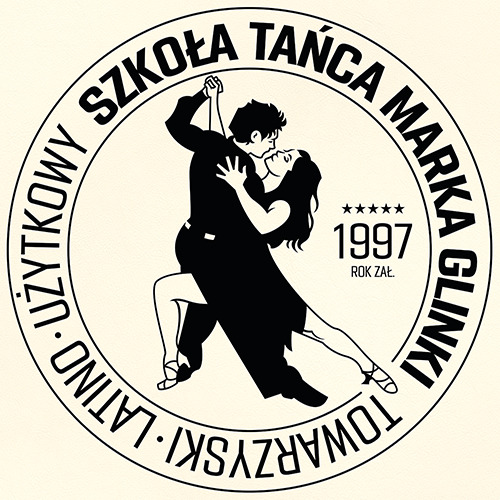 Czarno-białe logo szkoły tańca: para w tańcu, nazwa firmy w okręgu, rok założenia 1997 i pięć gwiazdek w górnej części. Grafika w stylu retro.