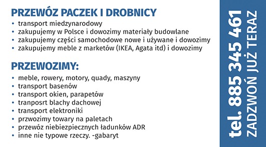 Ogłoszenie firmy transportowej oferującej przewóz paczek, drobnic, mebli, materiałów budowlanych, części samochodowych, towarów na paletach oraz transport międzynarodowy, wraz z numerem telefonu...
