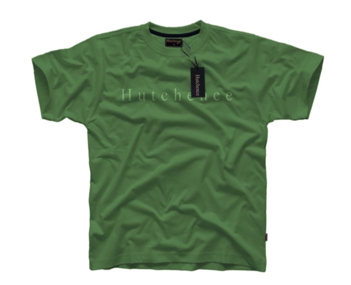 Zielony T-shirt męski marki Hutchence z krótkim rękawem, leżący na białym tle, z widoczną metką z logo.