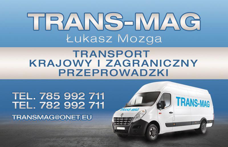 Grafika reklamowa firmy transportowej TRANS-MAG z białym busem na szarym tle, prezentująca ofertę transportu krajowego i zagranicznego oraz przeprowadzek, z widocznymi numerami telefonów i adresem...