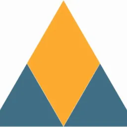 Abstrakcyjna kompozycja z dwóch błękitnych trójkątów i pomarańczowego rombu na białym tle.