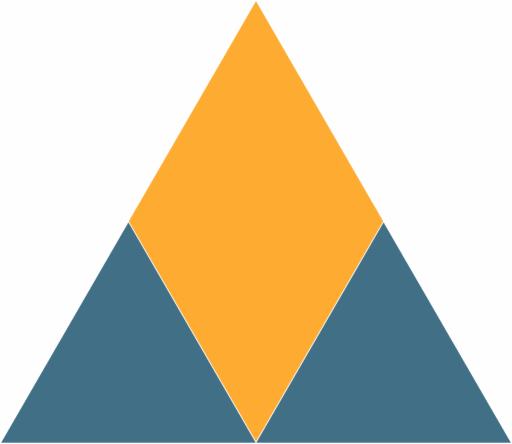 Abstrakcyjna kompozycja z dwóch błękitnych trójkątów i pomarańczowego rombu na białym tle.