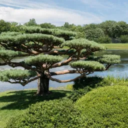 Starannie uformowane drzewo bonsai nad brzegiem stawu w japońskim ogrodzie, z zielonymi krzewami i lasem w tle.