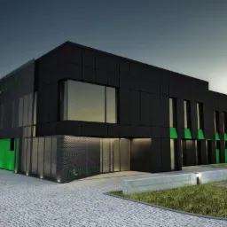Wizualizacja nowoczesnego budynku usługowego z czarną elewacją, perforowanymi panelami i akcentami w kolorze zieleni, oświetlonego ciepłym światłem zachodzącego słońca, z kostką brukową na parkingu...