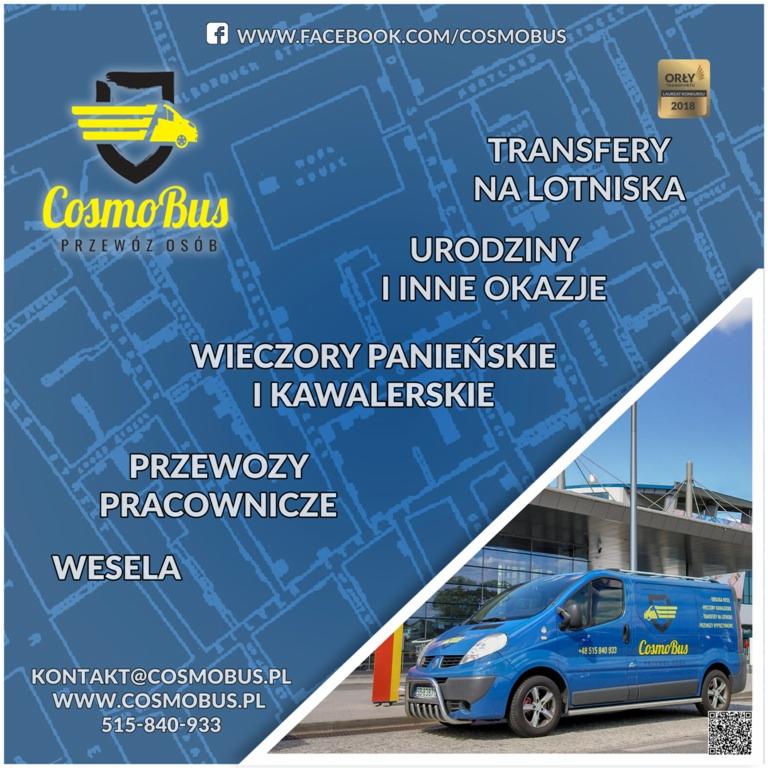 Reklama firmy przewozowej Cosmo Bus z niebieskim busem na tle budynku, oferującej transfery na lotniska, przewozy pracownicze, wesela oraz transport na wieczory panieńskie i kawalerskie.