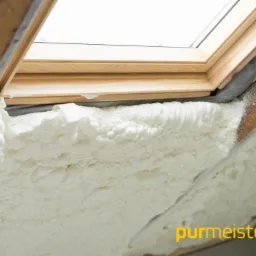 Poddasze z drewnianą ramą okienną i szczelnie wypełnioną białą pianką izolacyjną, widoczny fragment logo firmy.