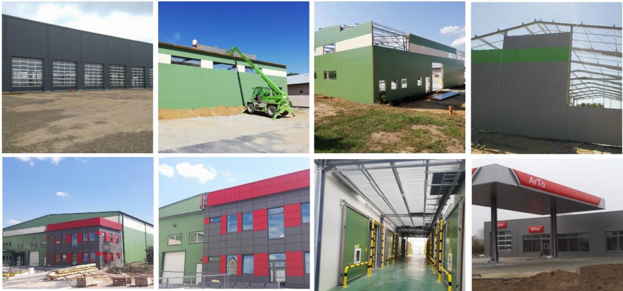 Zestawienie zdjęć przedstawiających różne etapy budowy i gotowe hale przemysłowe, w tym hale z płyt warstwowych, konstrukcje stalowe w trakcie montażu oraz wnętrze hali z bramami rolowanymi.
