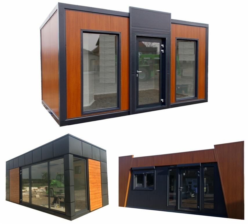 Wizualizacja pawilonu handlowego z panelami imitującymi drewno i grafitową stolarką okienną, prezentowana z trzech różnych perspektyw na białym tle.