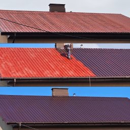 MAR-MAL Mariusz Piórkowski - Trzy kadry przedstawiające renowację dachu z blachy trapezowej: stan przed, w trakcie malowania natryskowego na czerwono i po pomalowaniu na brązowo.