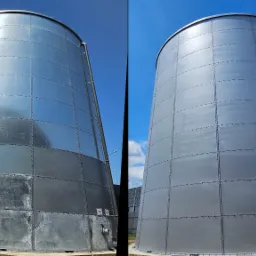 Porównanie stanu zbiornika przemysłowego przed i po czyszczeniu/malowaniu; po lewej stronie widoczne zabrudzenia i ślady korozji, po prawej świeża, jednolita powłoka.
