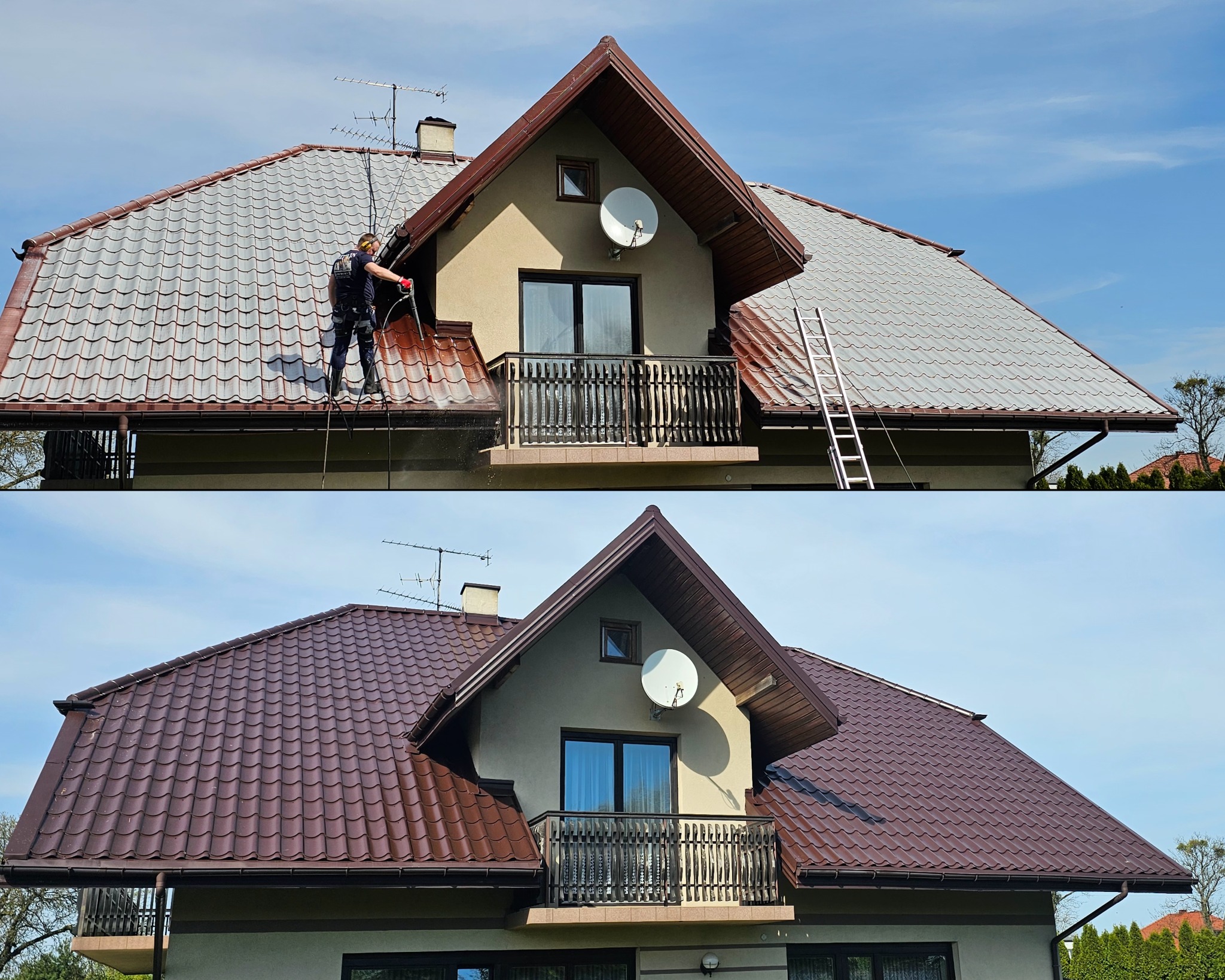 Porównanie dachu przed i po czyszczeniu: górna część zdjęcia pokazuje dach pokryty patyną, czyszczony myjką ciśnieniową przez pracownika w uprzęży, dolna część prezentuje odnowiony, brązowy dach.