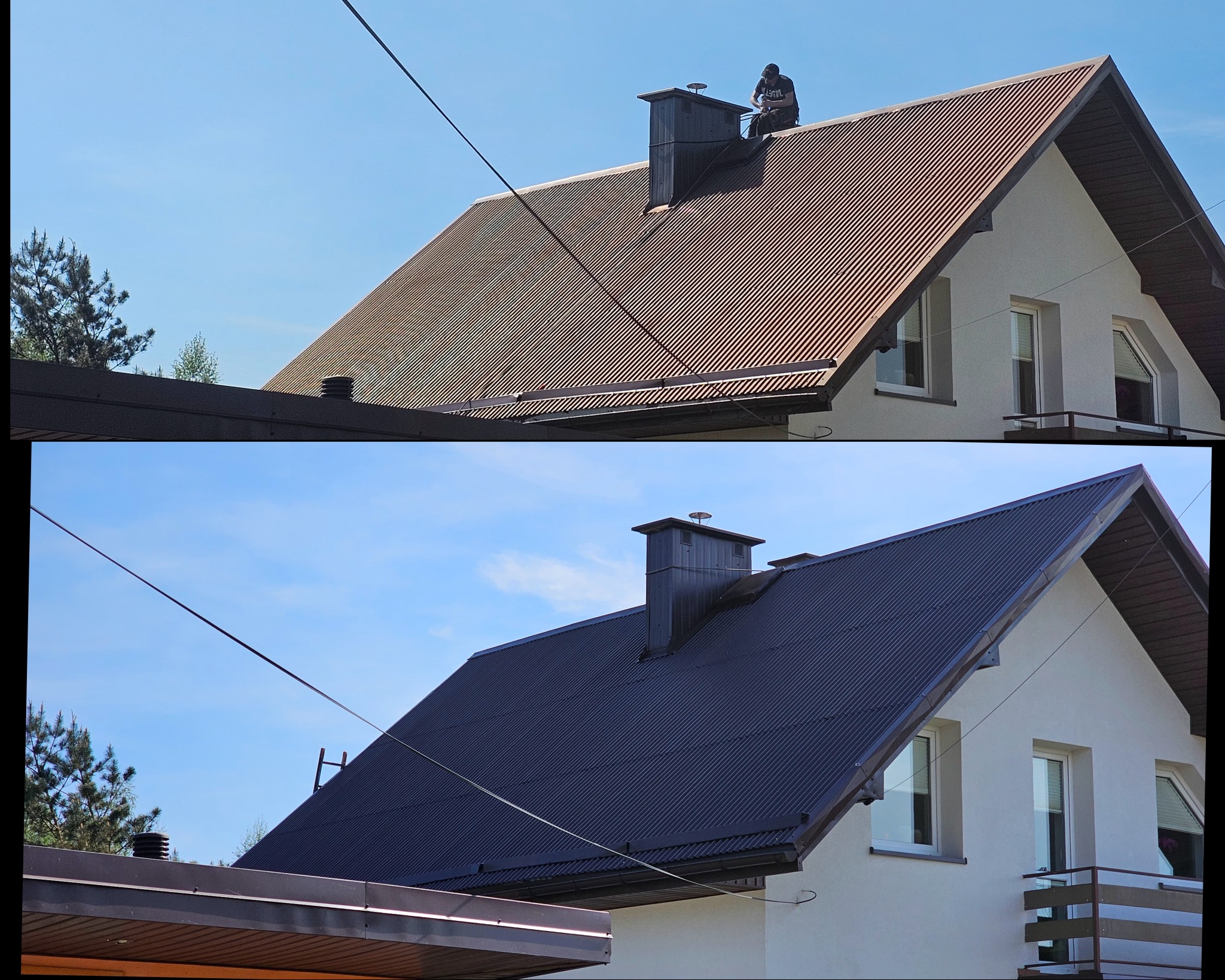 Porównanie dachu przed i po renowacji: górna część ukazuje starą, brązową blachę trapezową, dolna część prezentuje świeżo pomalowany, grafitowy dach z blachy trapezowej, widoczny fragment domu...