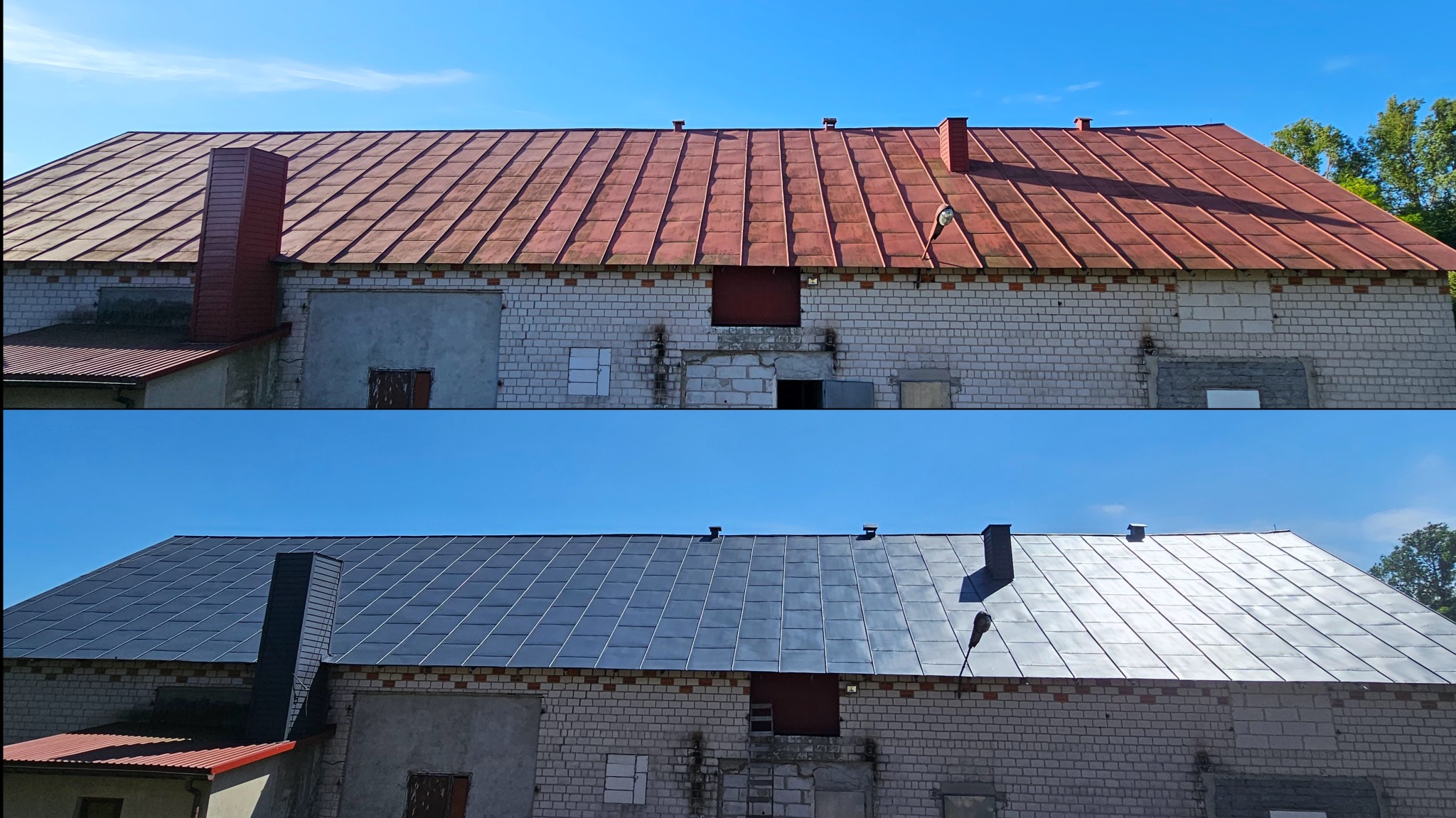 Porównanie dachu budynku przed i po renowacji: górna część przedstawia starą, czerwoną blachę z widocznymi śladami korozji i zabrudzeń, dolna część ukazuje odnowiony, grafitowy dach z nową blachą...