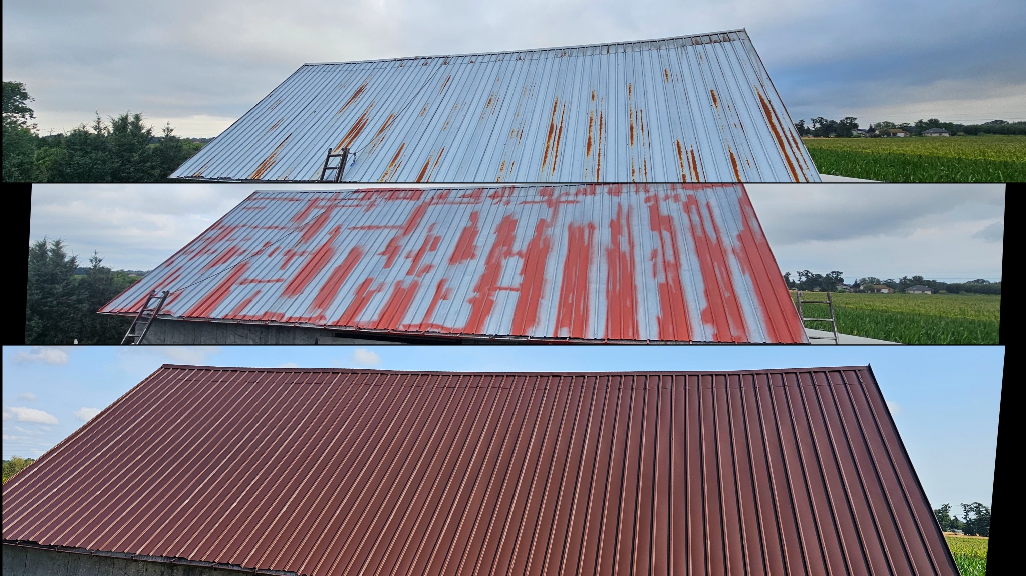 Trzyetapowy proces renowacji dachu z blachy trapezowej: skorodowany, z nałożoną warstwą podkładową i pomalowany na brązowo, widoczne drabiny.