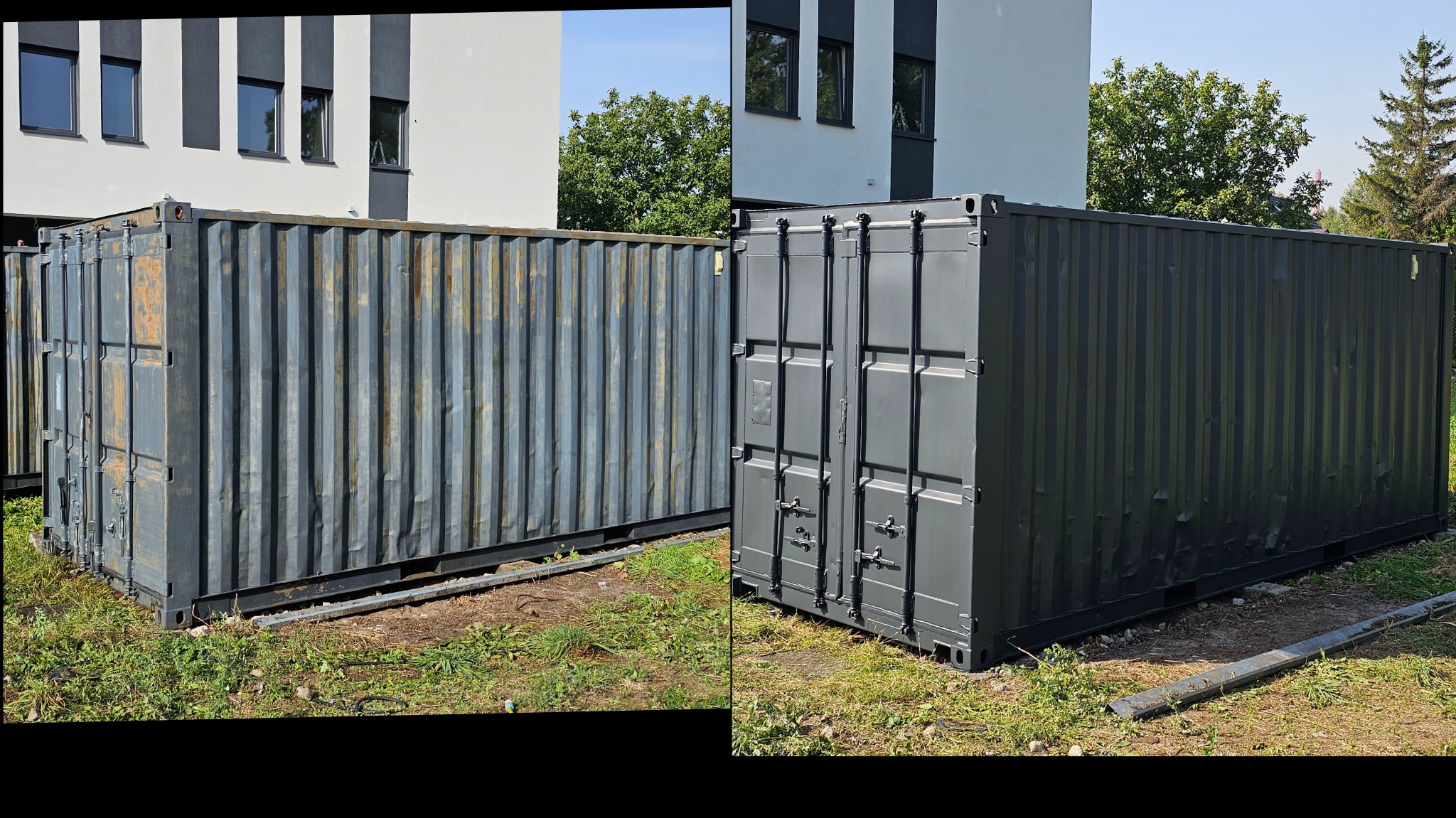 Porównanie: Stary, zardzewiały kontener obok świeżo pomalowanego, szarego kontenera na tle budynku.