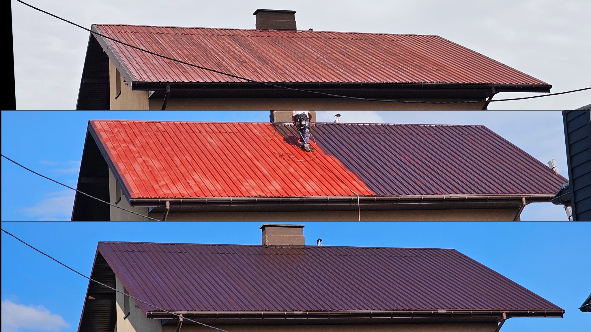 Trzy kadry przedstawiające renowację dachu z blachy trapezowej: stan przed, w trakcie malowania natryskowego na czerwono i po pomalowaniu na brązowo.