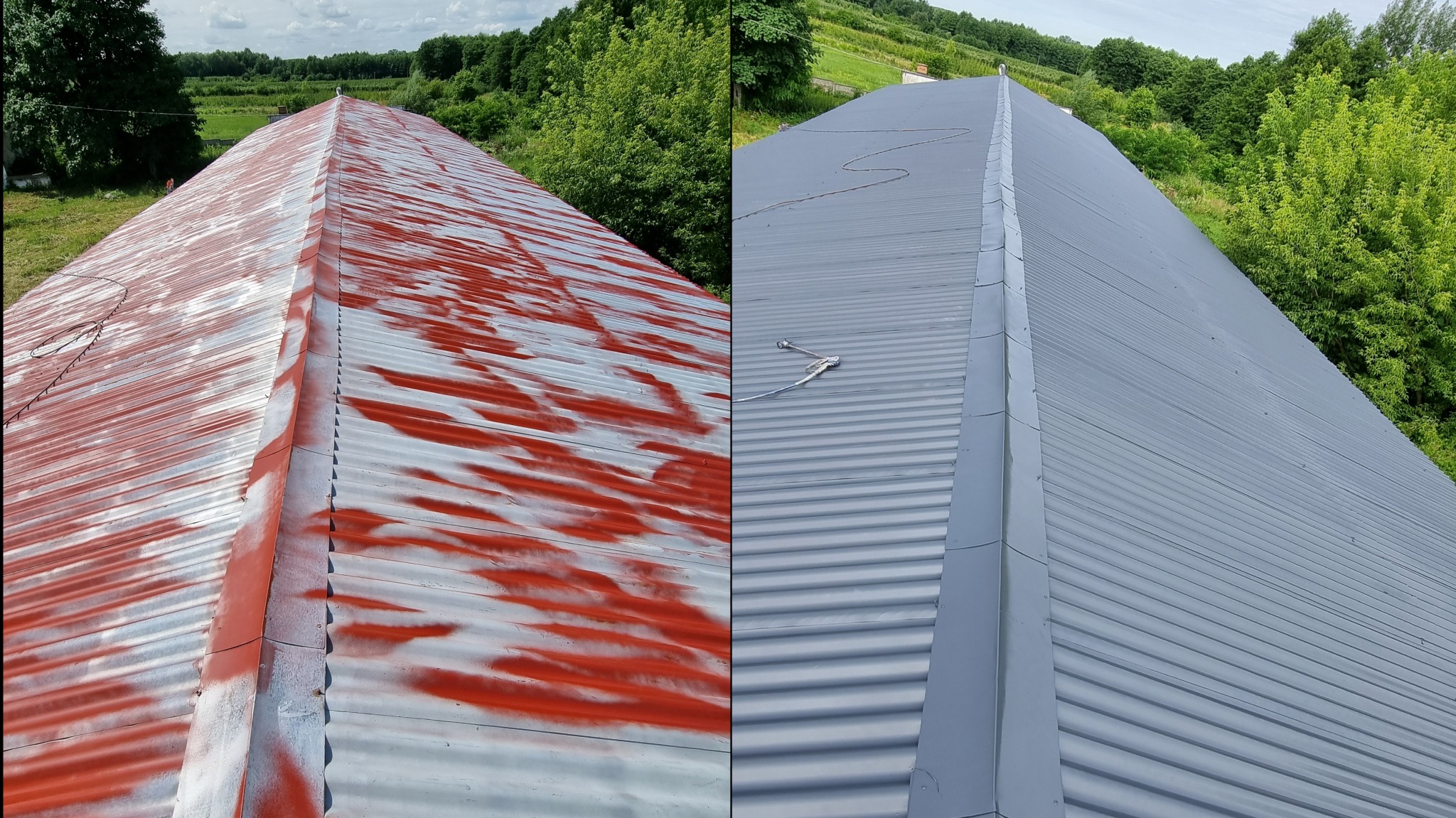 Porównanie stanu dachu przed i po malowaniu: zardzewiała, czerwono-szara blacha falista kontra świeżo pomalowana, szara powierzchnia. Widoczny pistolet natryskowy i otoczenie zieleni.