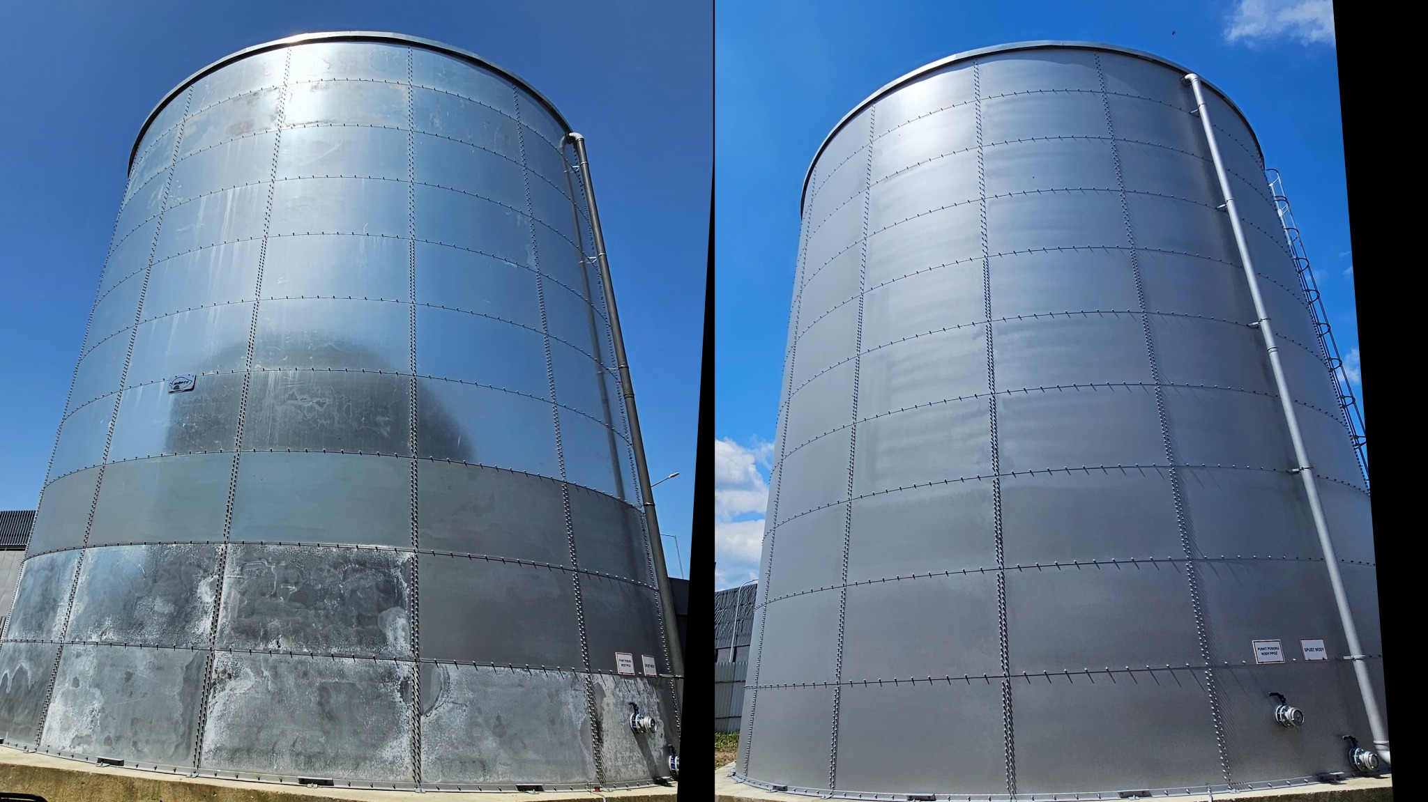 Porównanie stanu zbiornika przemysłowego przed i po czyszczeniu/malowaniu; po lewej stronie widoczne zabrudzenia i ślady korozji, po prawej świeża, jednolita powłoka.
