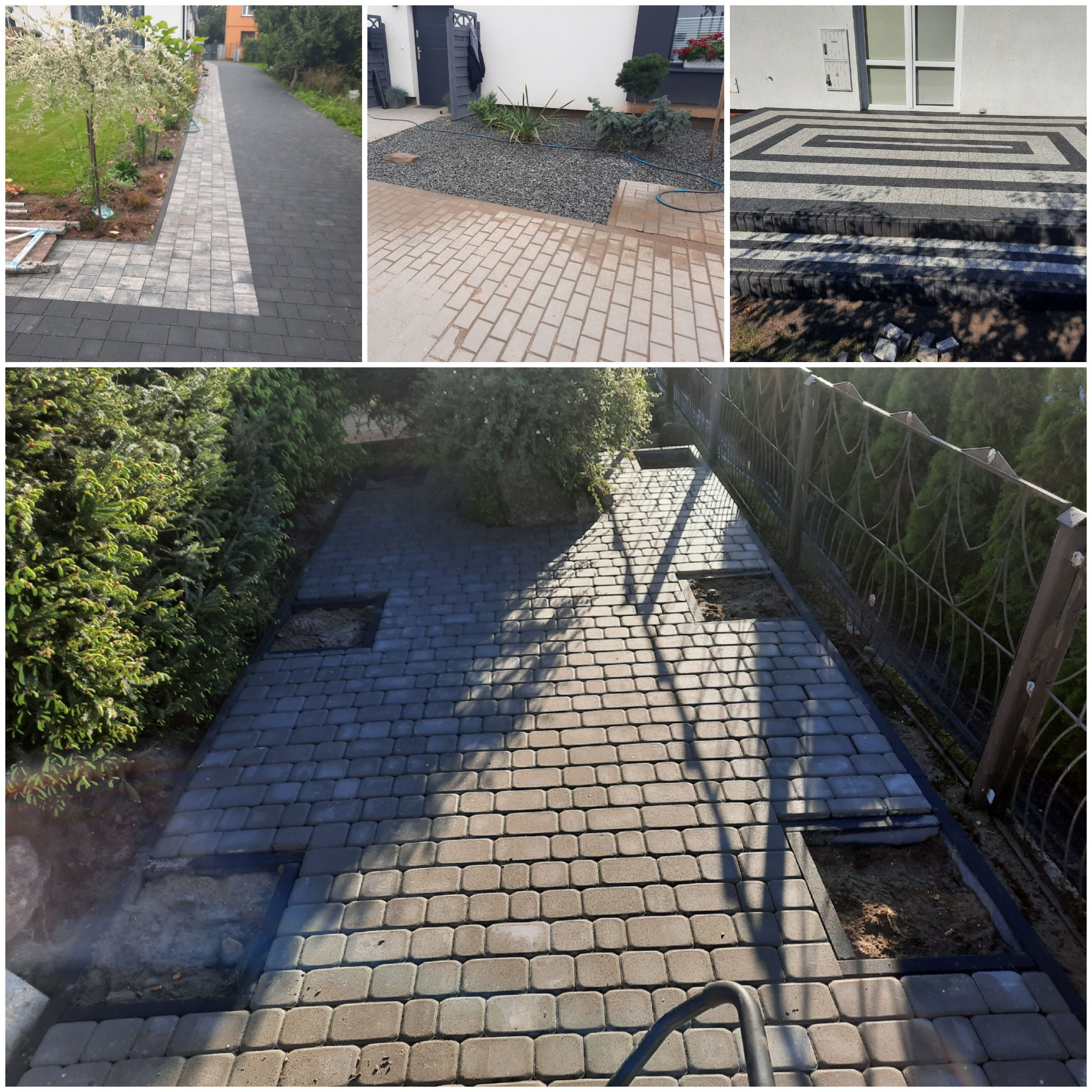 Mozaika zdjęć prezentująca różne etapy układania kostki brukowej: chodnik z obrzeżami, podjazd z kamyczkami i schody wejściowe z wzorem geometrycznym; na ostatnim zdjęciu widoczne niedokończone...