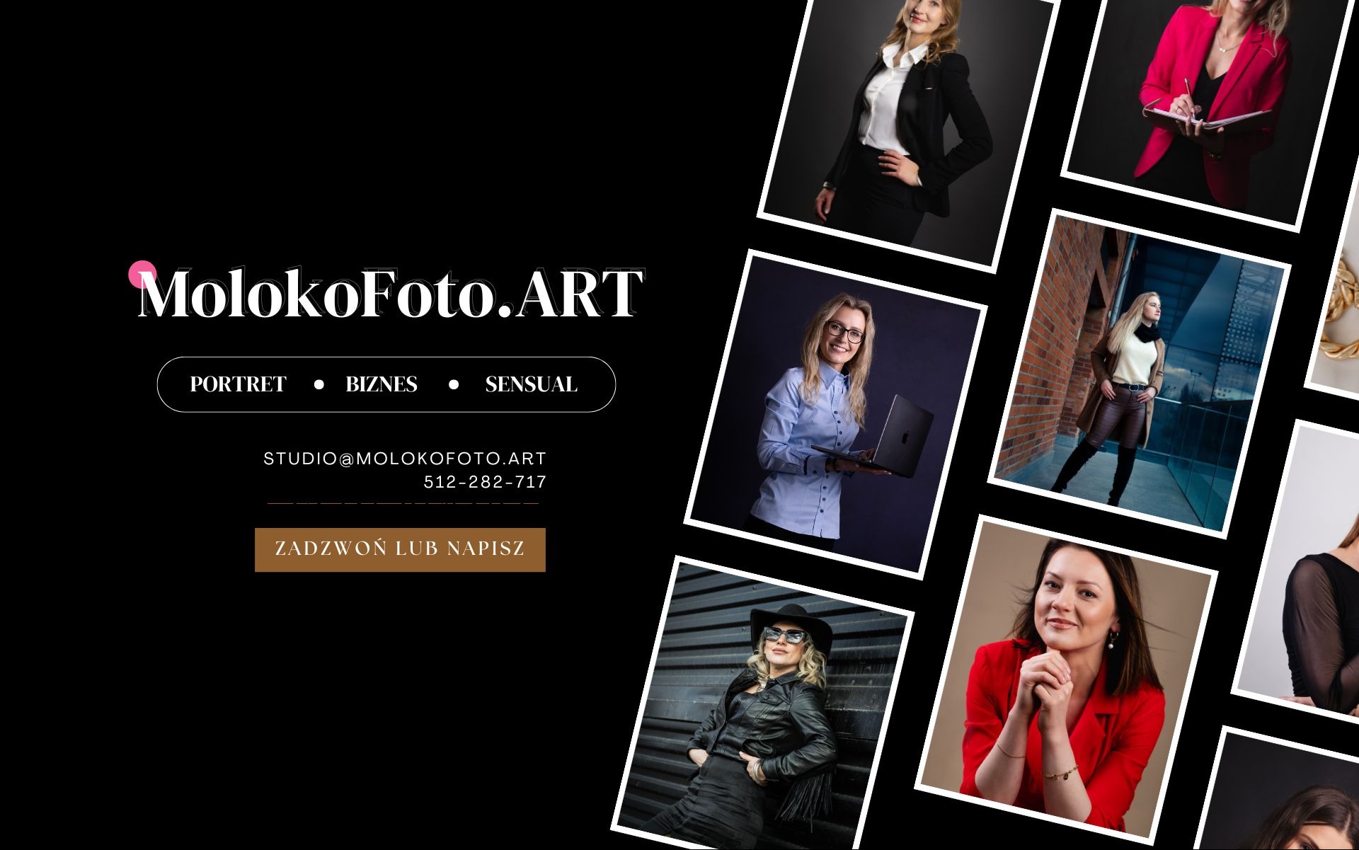 Czarno-różowe logo MolokoFoto.ART z hasłami: portret, biznes, sensual. Dookoła kadrowane zdjęcia różnych kobiet w stylizacjach biznesowych i portretowych.