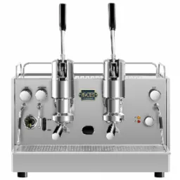 Profesjonalny, dwugrupowy ekspres do kawy Visacrem Classic z chromowanymi detalami, widok z przodu na białym tle.