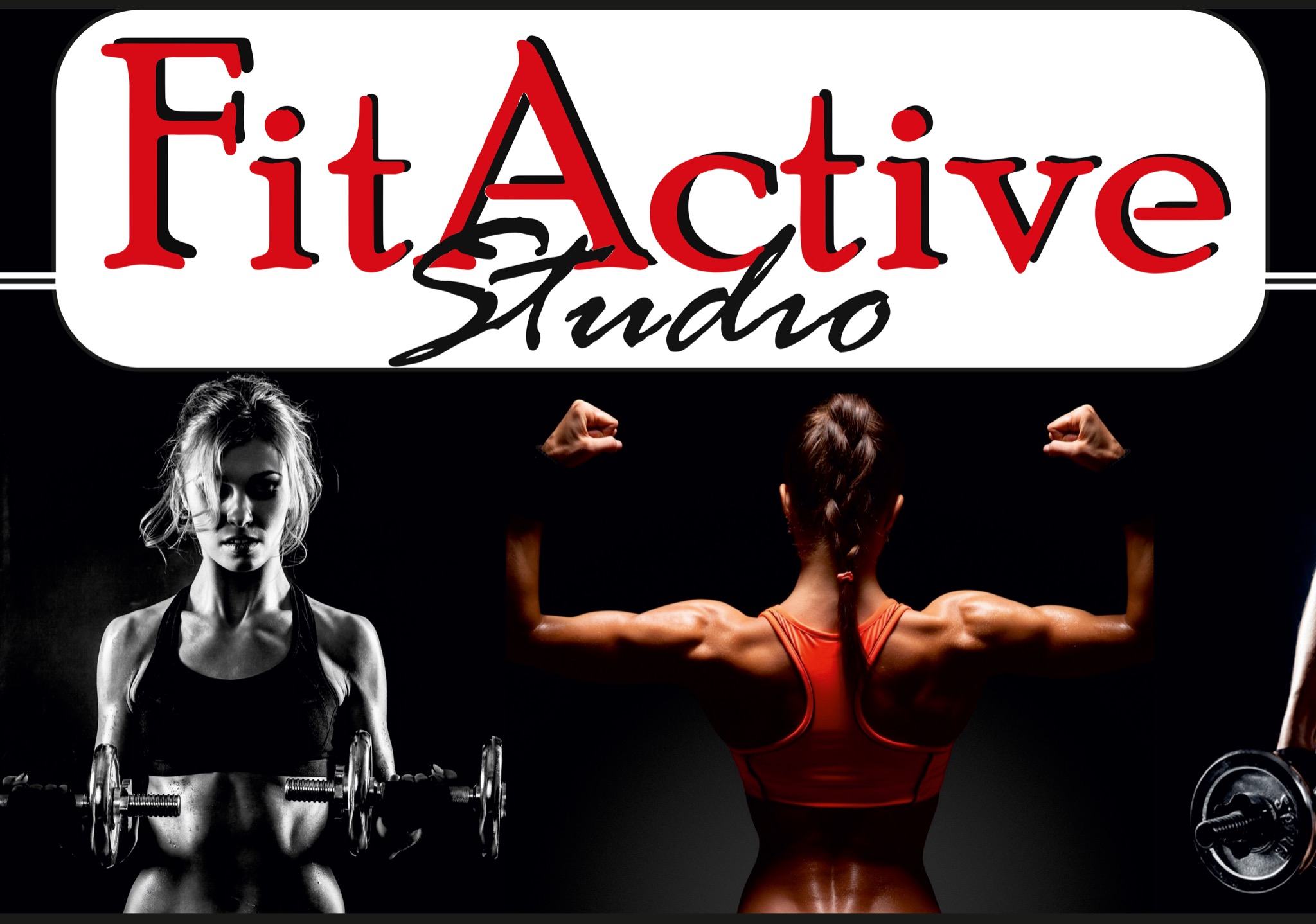 Kompozycja z trzech ujęć: kobieta ćwicząca z hantlami, kobieta z napiętymi bicepsami od tyłu i logo 'Fit Active Studio' na górze.