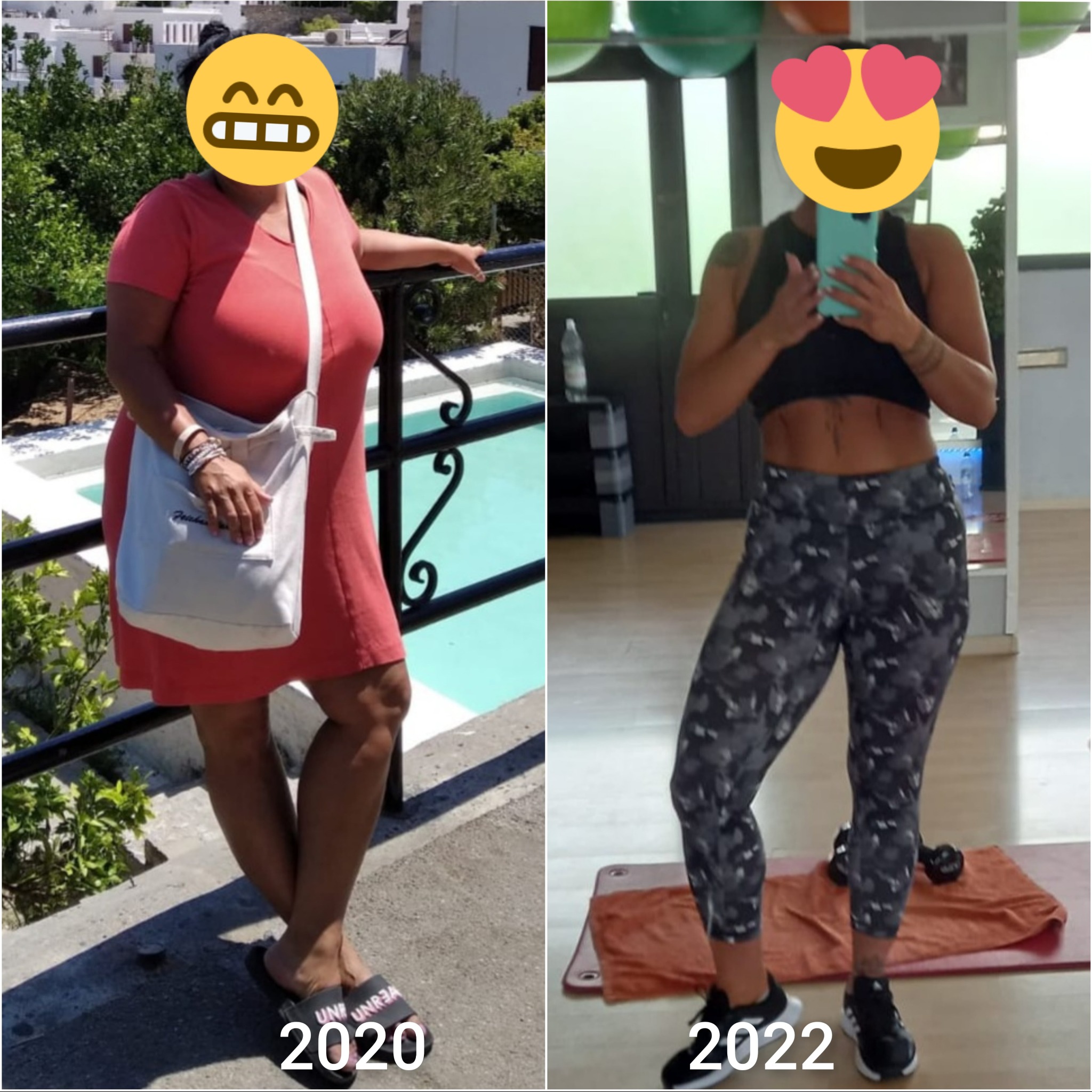 Kolaż 'przed i po' przedstawiający transformację sylwetki kobiety, z datami 2020 i 2022, widoczna zmiana w kompozycji ciała i kondycji fizycznej.