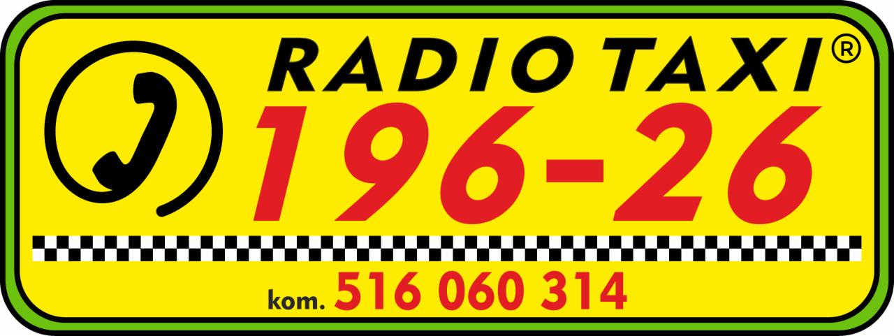 Żółty szyld Radio Taxi z czarnym symbolem słuchawki, czerwonym numerem telefonu 196-26 i numerem komórkowym 516 060 314, oddzielony szachownicą.