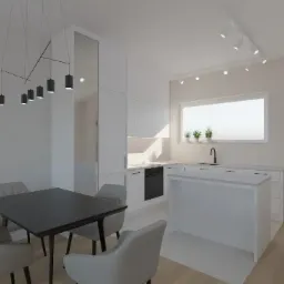 Wizualizacja jasnej kuchni z wyspą i czarnym stołem jadalnym, oświetlonej minimalistyczną lampą wiszącą z cylindrycznymi kloszami.