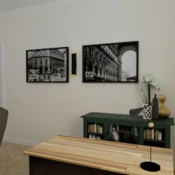 Wizualizacja gabinetu z drewnianym biurkiem, zielonym regałem z książkami, czarno-białymi fotografiami architektonicznymi na ścianie i szarym fotelem.