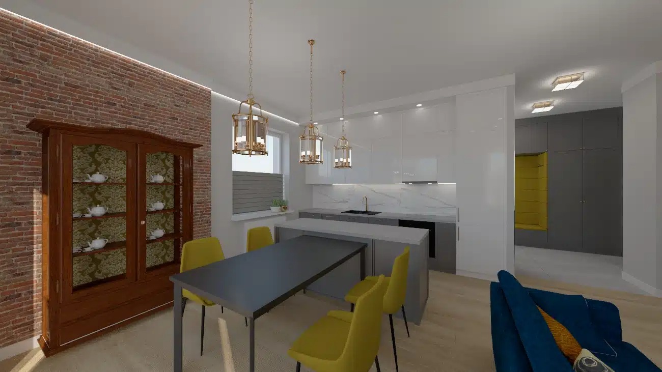 Wizualizacja nowoczesnej kuchni z wyspą, szarymi szafkami i marmurowym blatem, oświetlona złotymi lampami wiszącymi, z ceglaną ścianą i klasyczną witryną z porcelaną w tle.
