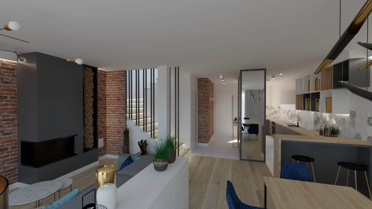 Wizualizacja wnętrza domu z ceglaną ścianą, nowoczesnym kominkiem i otwartą kuchnią z wyspą, widok na schody z metalowymi barierkami.