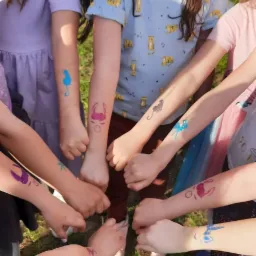 Grupa dzieci z kolorowymi, tymczasowymi tatuażami ze zwierzętami na rękach, ustawionych w okrąg na trawie.