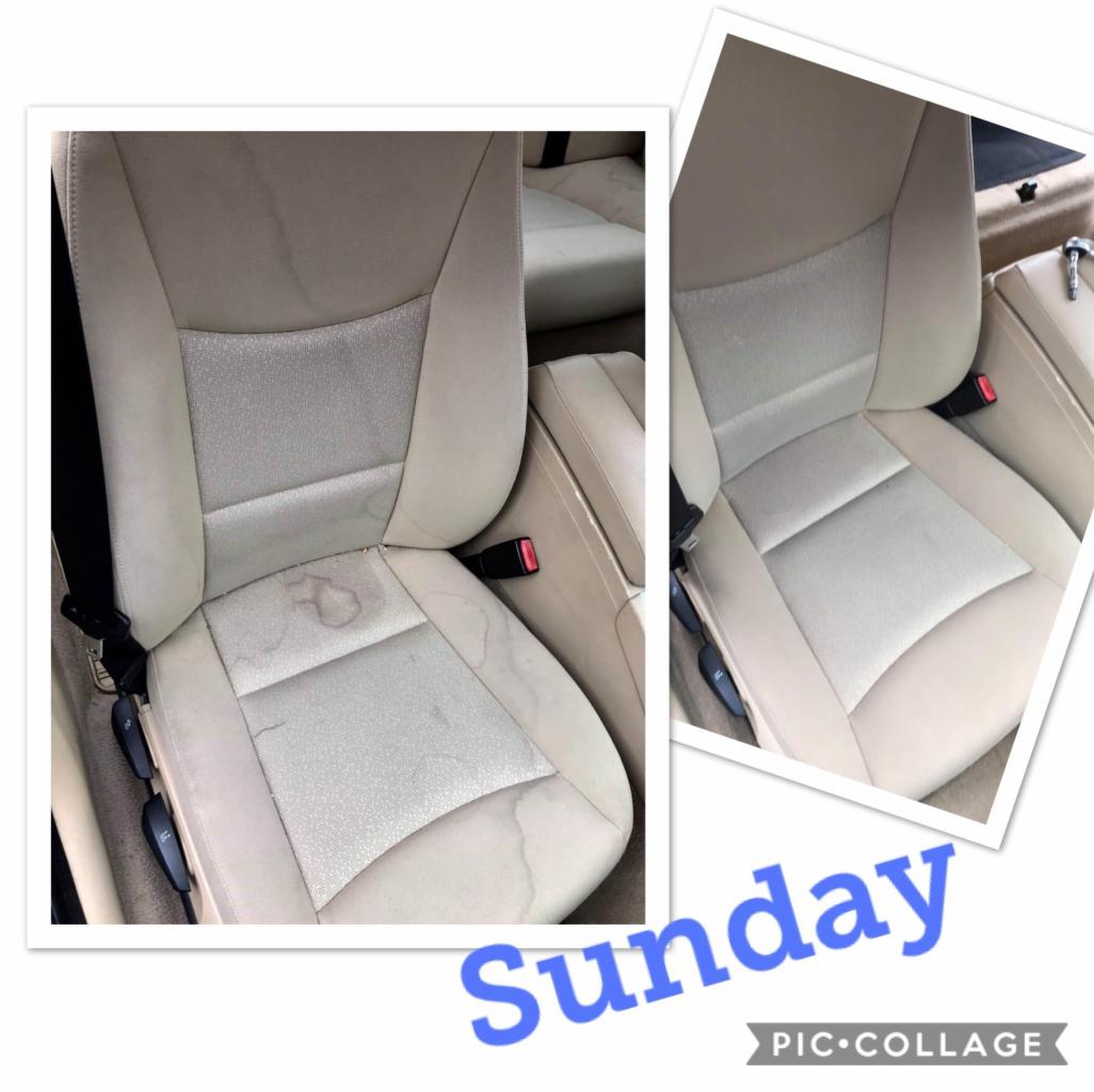 Fotografia kolażowa przedstawiająca beżowe siedzenie samochodowe przed i po czyszczeniu, z widocznymi plamami na lewym zdjęciu i czystą tapicerką na prawym.